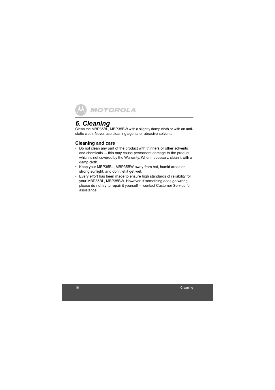 Cleaning | Motorola MBP35BL User Manual | Page 16 / 25