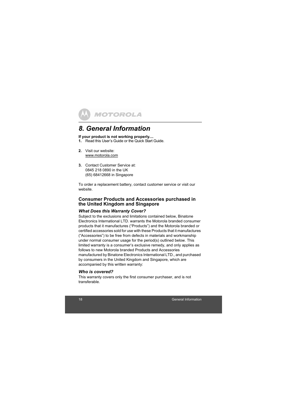 General information | Motorola MBP35BL User Manual | Page 18 / 25