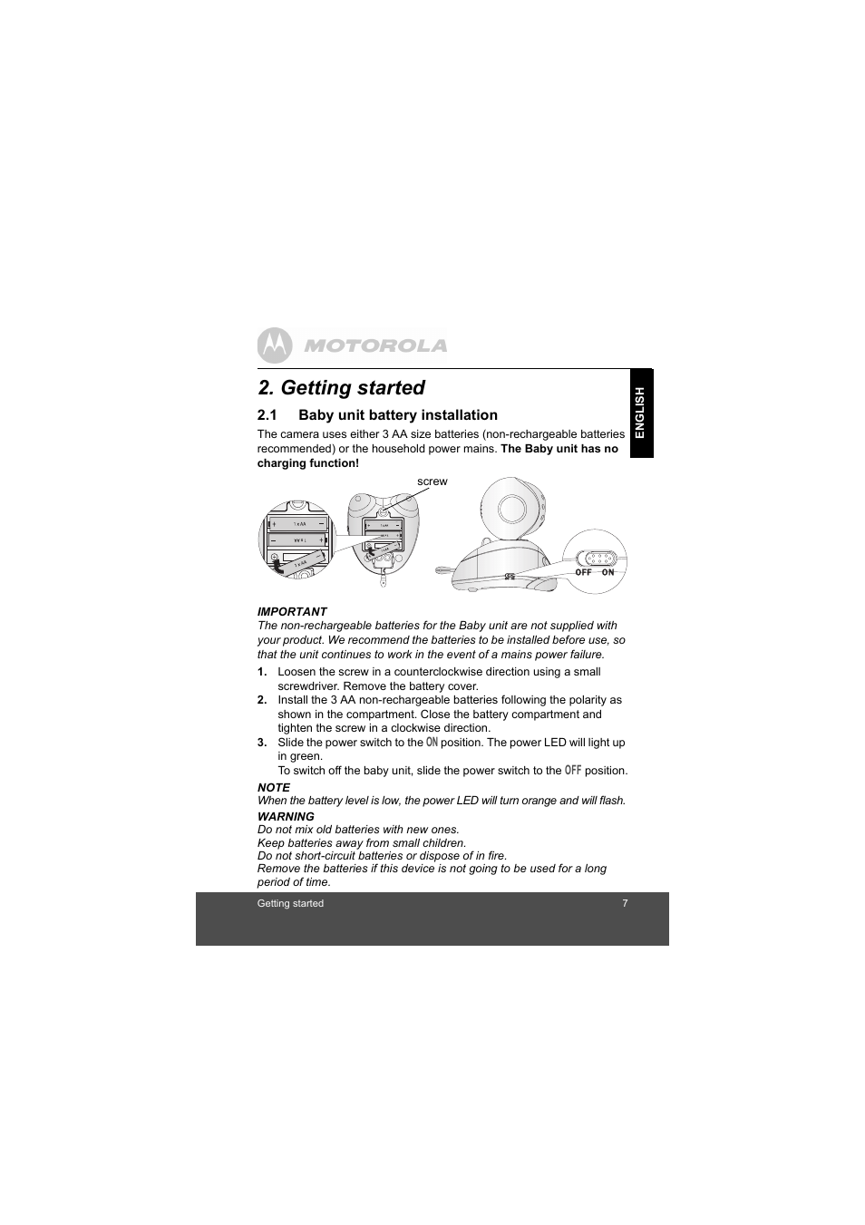 Getting started, Baby unit battery installation | Motorola MBP35BL User Manual | Page 7 / 25