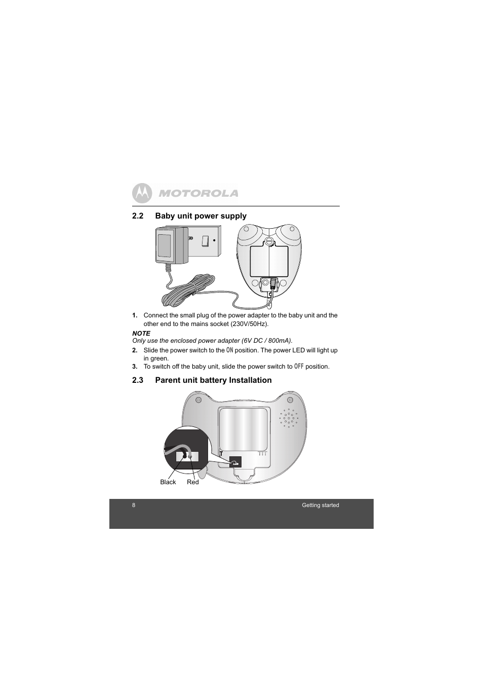 Baby unit power supply, Parent unit battery installation | Motorola MBP35BL User Manual | Page 8 / 25