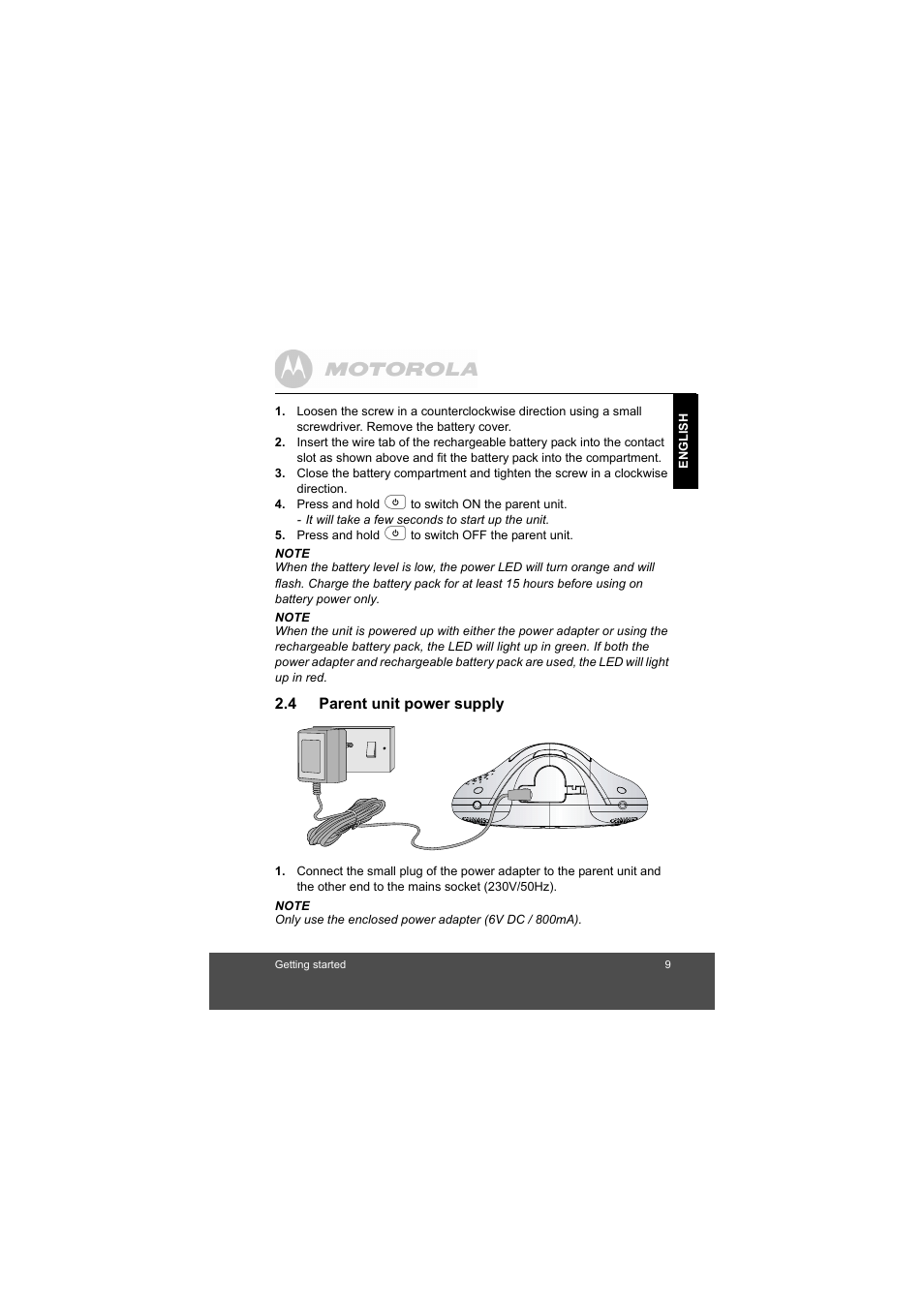 Parent unit power supply | Motorola MBP35BL User Manual | Page 9 / 25