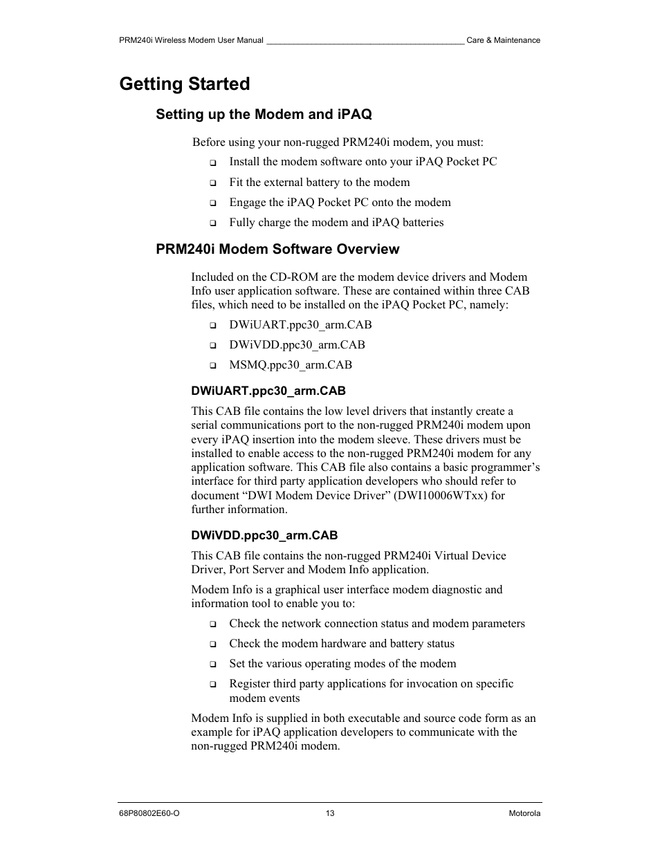 Getting started, Setting up the modem and ipaq, Prm240i modem software overview | Motorola PRM240 i User Manual | Page 13 / 36