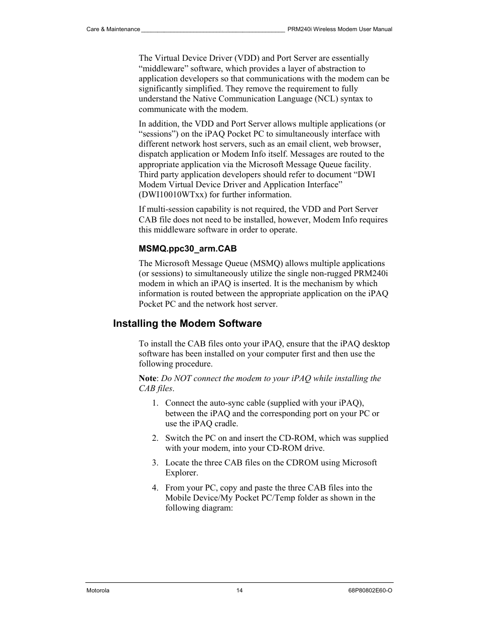 Installing the modem software | Motorola PRM240 i User Manual | Page 14 / 36