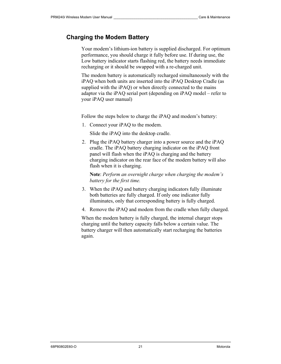 Charging the modem battery | Motorola PRM240 i User Manual | Page 21 / 36