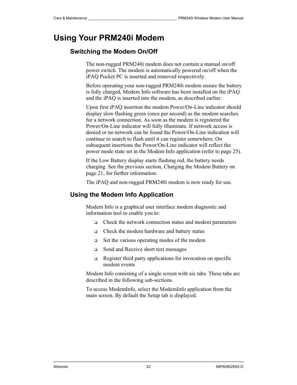 Using your prm240i modem, Switching the modem on/off, Using the modem info application | Motorola PRM240 i User Manual | Page 22 / 36