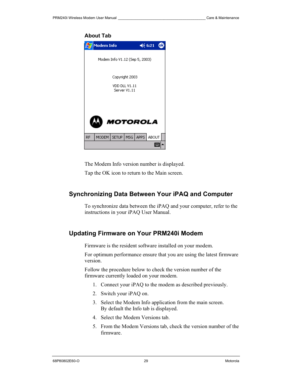 Synchronizing data between your ipaq and computer, Updating firmware on your prm240i modem | Motorola PRM240 i User Manual | Page 29 / 36