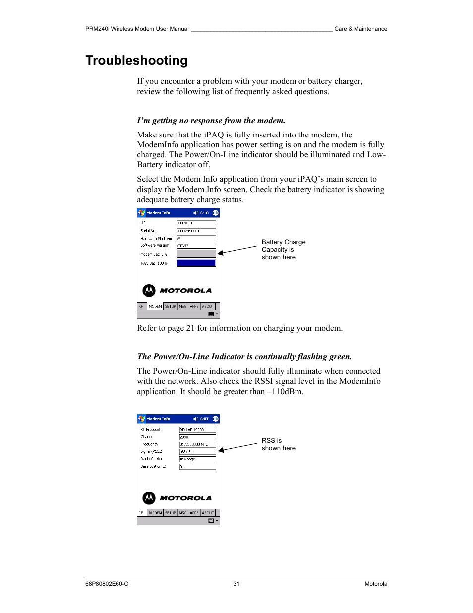 Troubleshooting | Motorola PRM240 i User Manual | Page 31 / 36