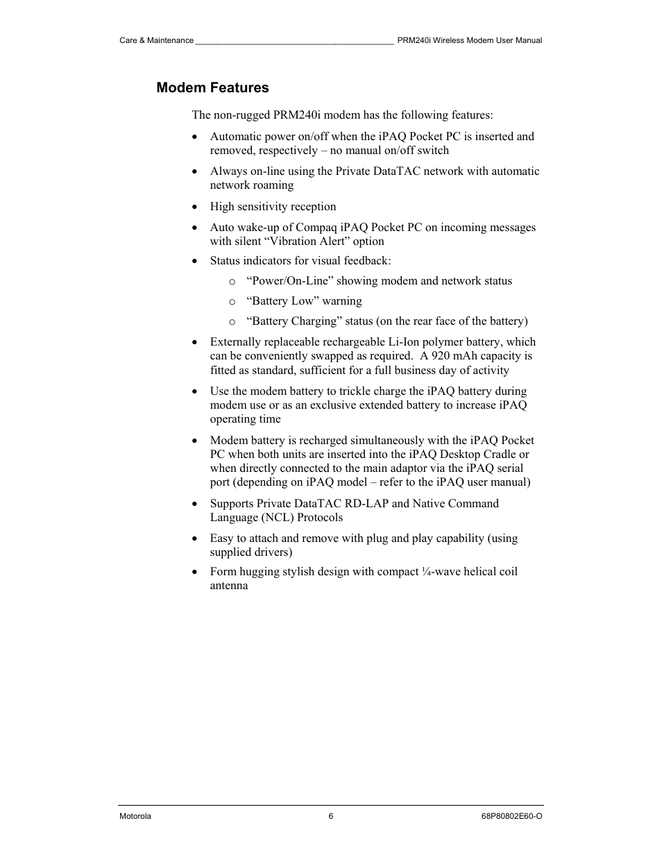 Modem features | Motorola PRM240 i User Manual | Page 6 / 36