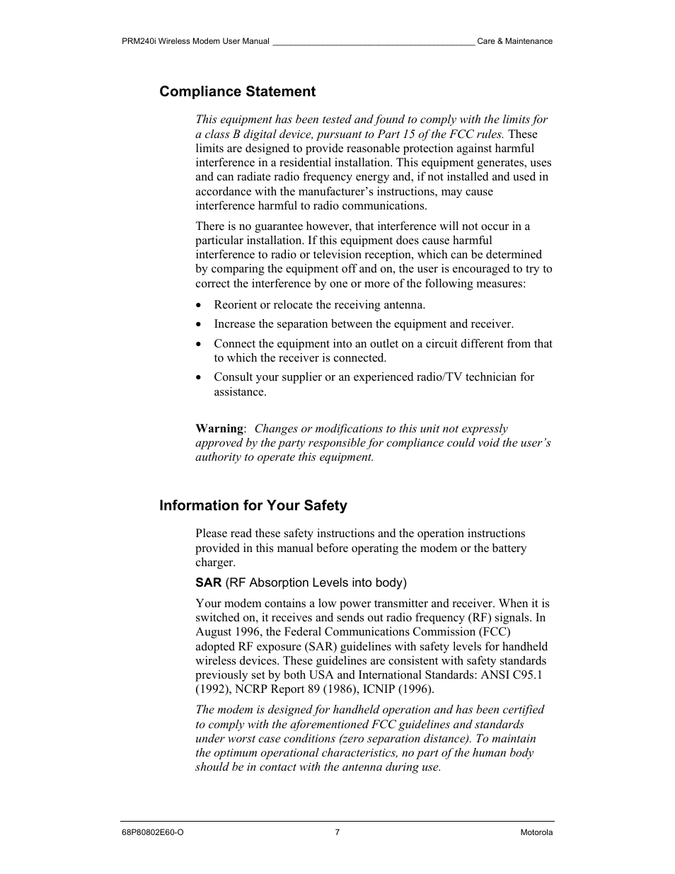 Compliance statement, Information for your safety | Motorola PRM240 i User Manual | Page 7 / 36