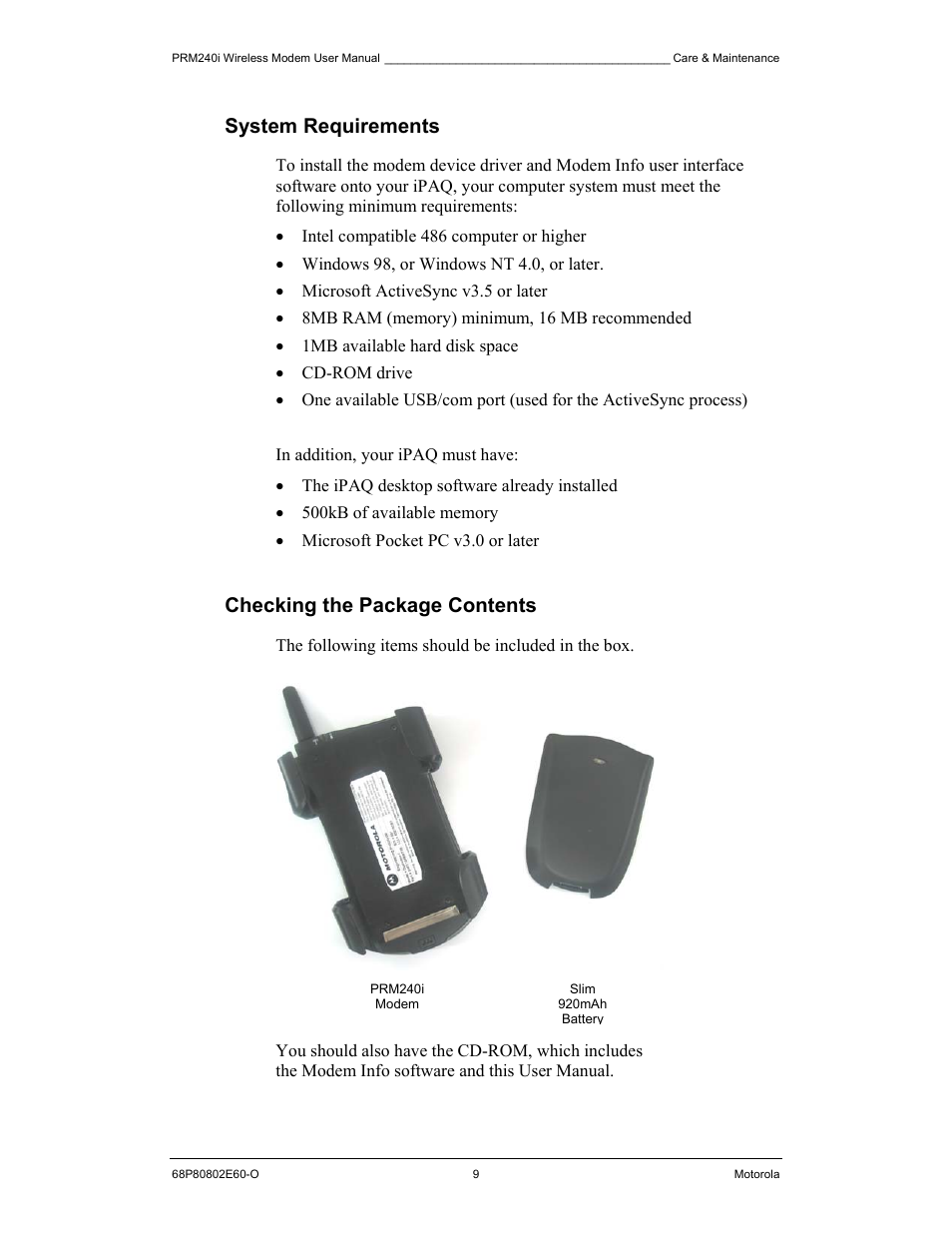 System requirements, Checking the package contents | Motorola PRM240 i User Manual | Page 9 / 36
