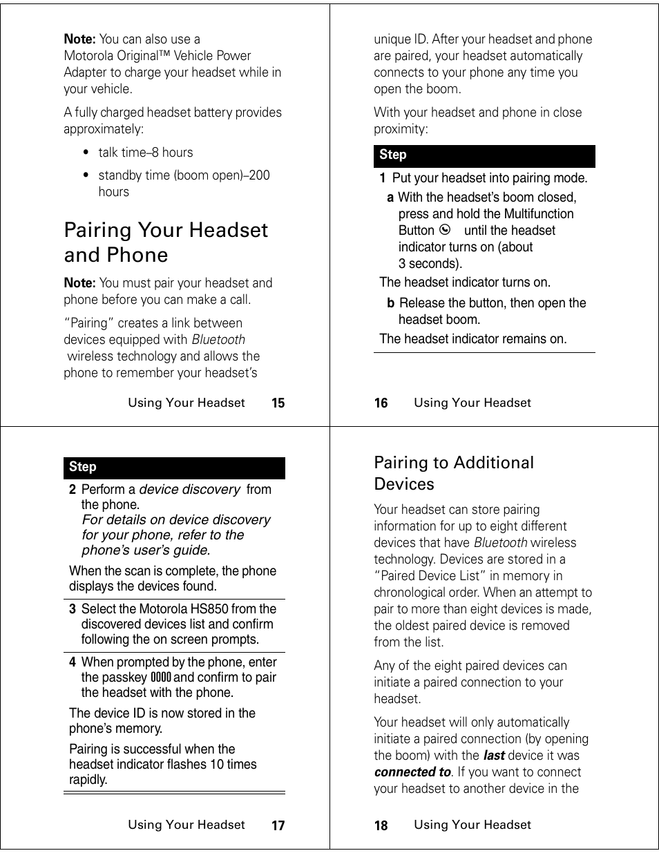 Pairing your headset and phone, Pairing to additional devices | Motorola MOT5OMANUAL HS850 User Manual | Page 5 / 9