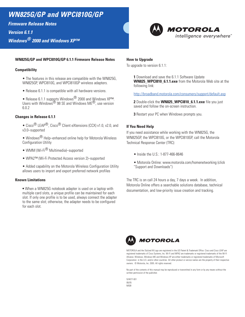 Motorola WN825G/GP User Manual | 1 page