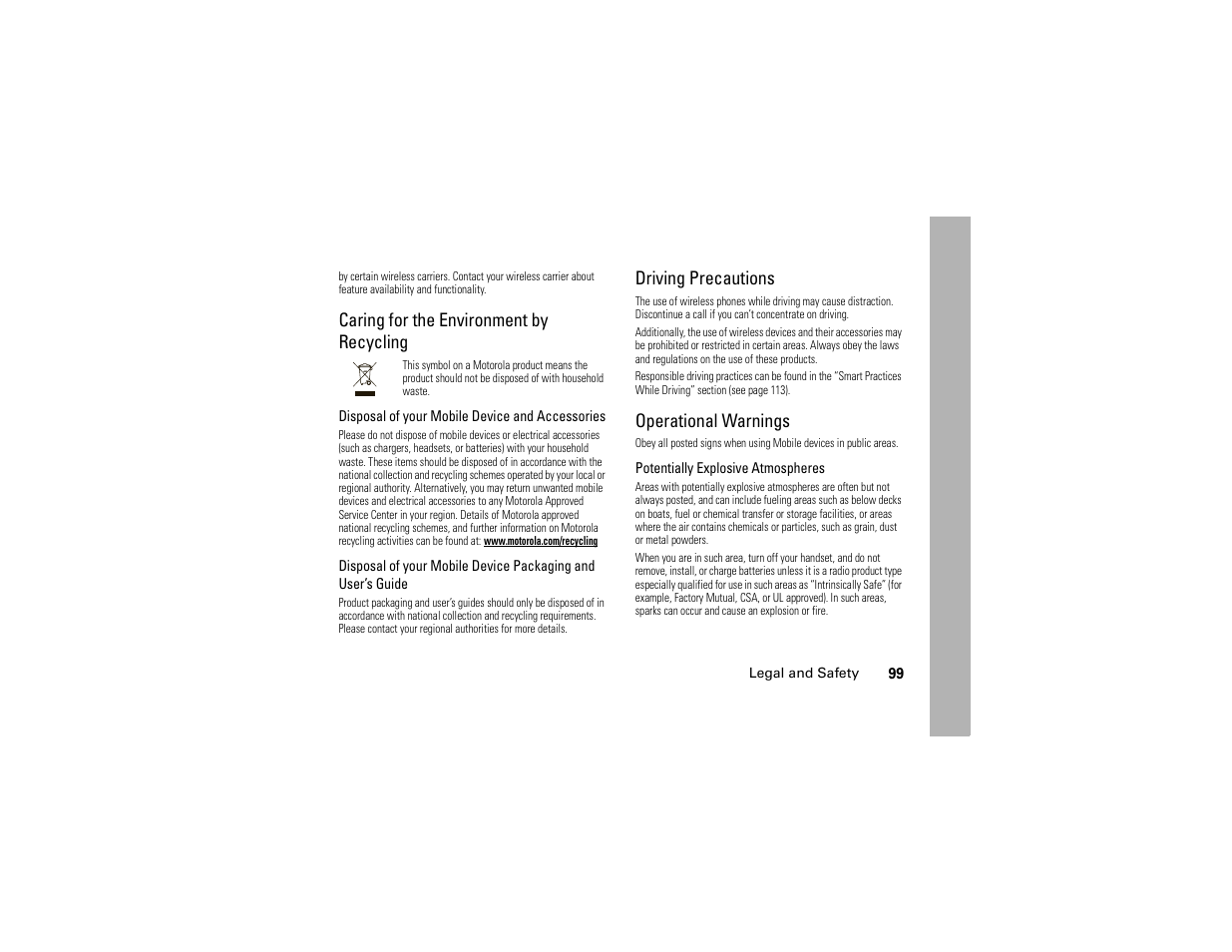 Caring for the environment by recycling, Driving precautions, Operational warnings | Motorola BRUTE H85XAH6JR5AN User Manual | Page 103 / 124