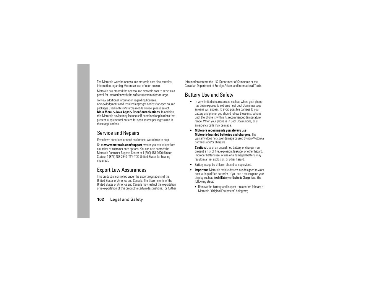 Service and repairs, Export law assurances, Battery use and safety | Motorola BRUTE H85XAH6JR5AN User Manual | Page 106 / 124