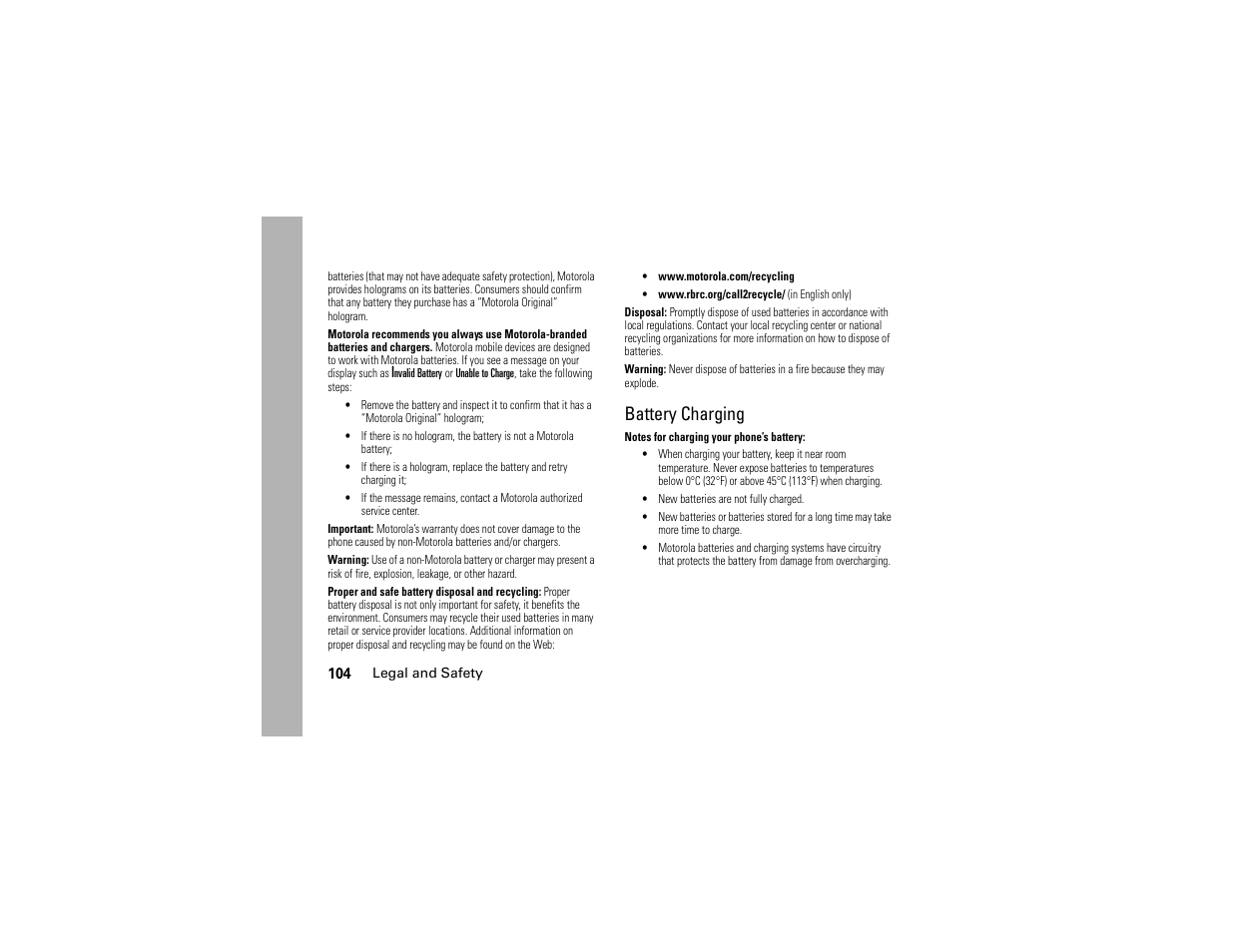 Battery charging | Motorola BRUTE H85XAH6JR5AN User Manual | Page 108 / 124