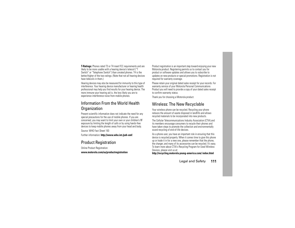 Information from the world health organization, Product registration, Wireless: the new recyclable | Motorola BRUTE H85XAH6JR5AN User Manual | Page 115 / 124