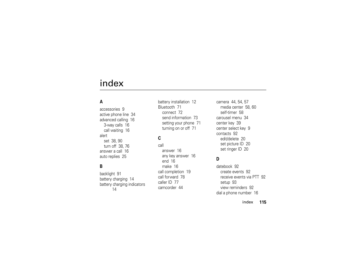 Index | Motorola BRUTE H85XAH6JR5AN User Manual | Page 119 / 124