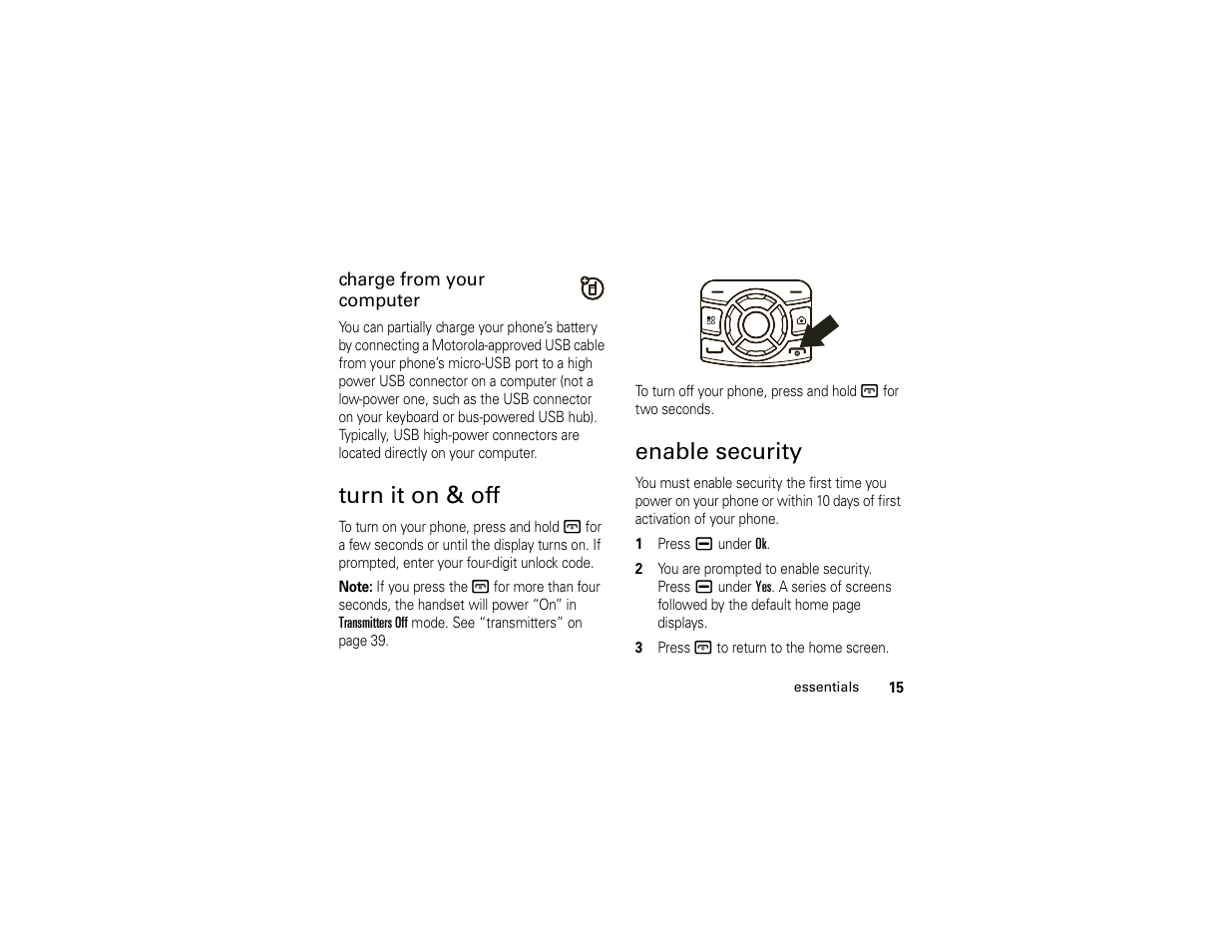 Turn it on & off, Enable security | Motorola BRUTE H85XAH6JR5AN User Manual | Page 19 / 124