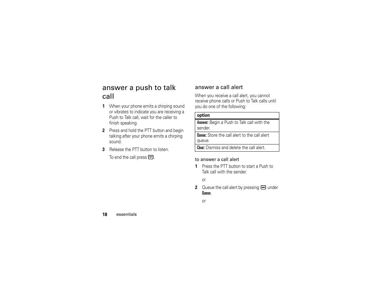 Answer a push to talk call | Motorola BRUTE H85XAH6JR5AN User Manual | Page 22 / 124