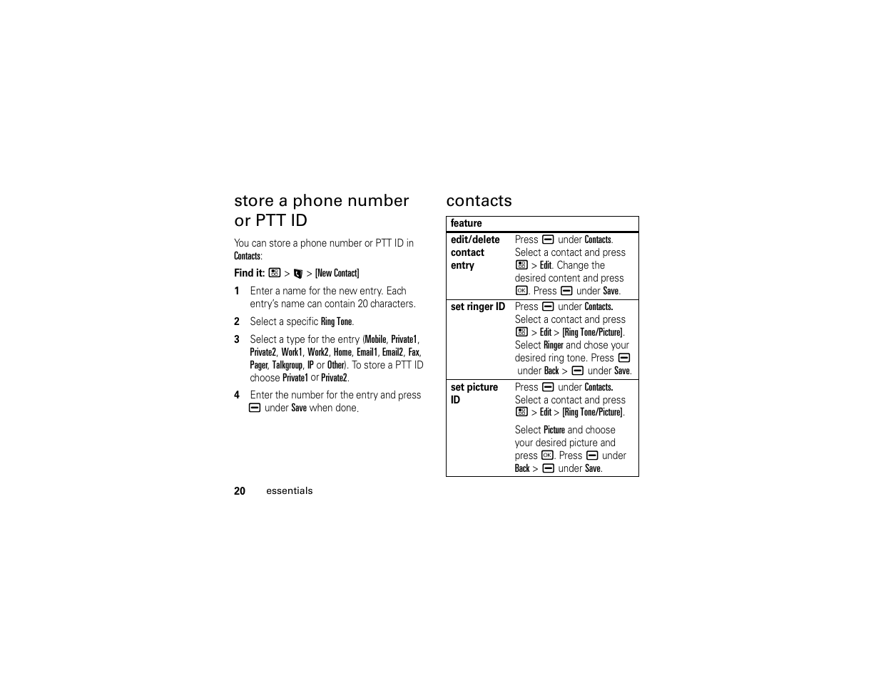 Store a phone number or ptt id, Contacts | Motorola BRUTE H85XAH6JR5AN User Manual | Page 24 / 124