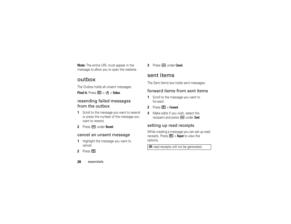 Outbox, Sent items | Motorola BRUTE H85XAH6JR5AN User Manual | Page 30 / 124