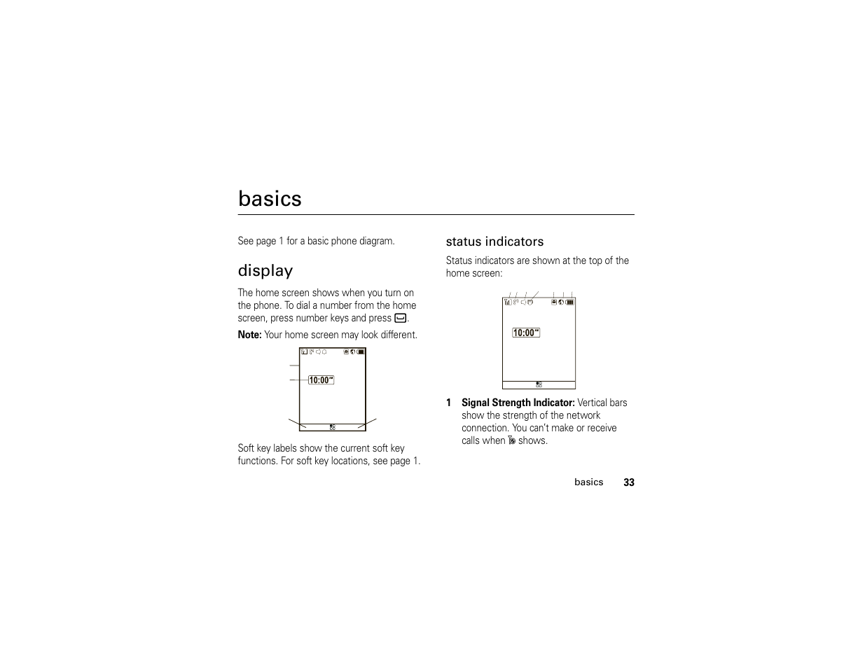 Basics, Display, Status indicators | Motorola BRUTE H85XAH6JR5AN User Manual | Page 37 / 124