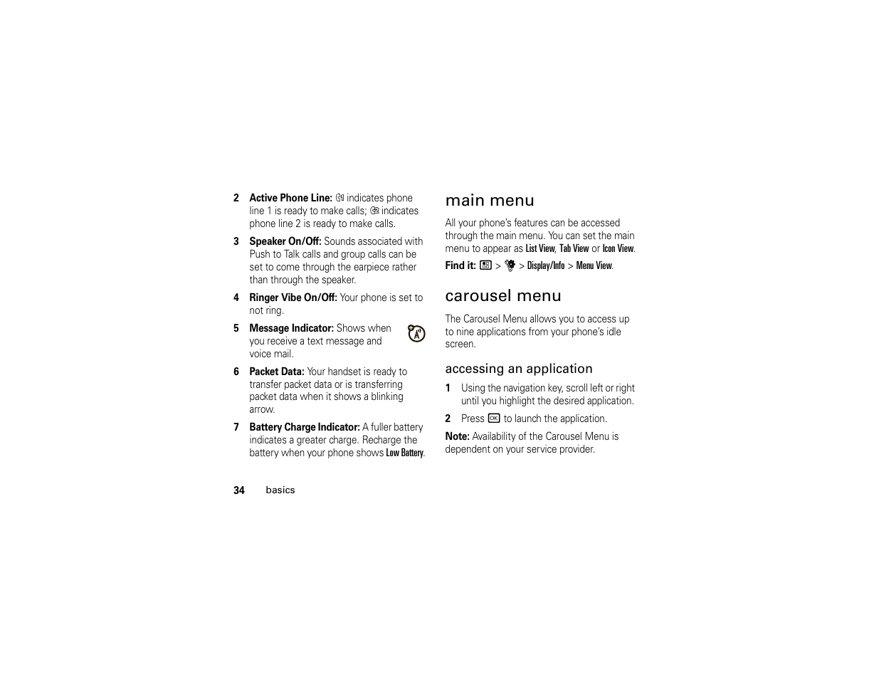 Main menu, Carousel menu | Motorola BRUTE H85XAH6JR5AN User Manual | Page 38 / 124