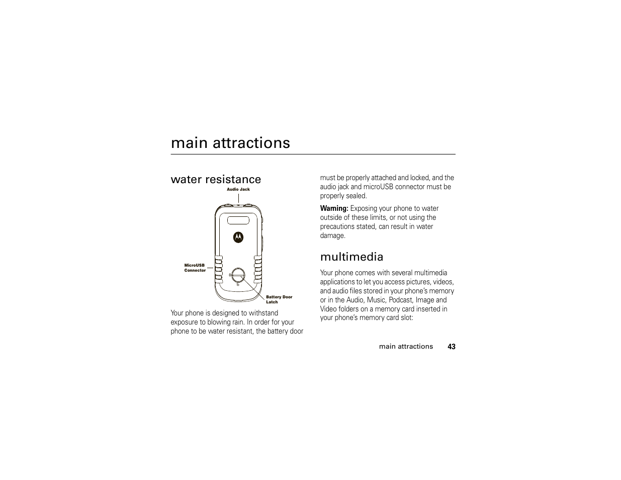 Main attractions, Water resistance, Multimedia | Motorola BRUTE H85XAH6JR5AN User Manual | Page 47 / 124