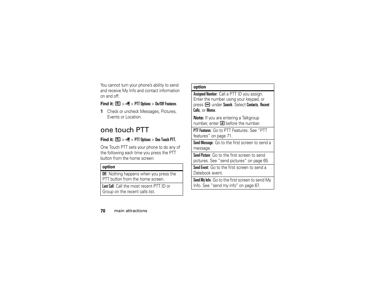 One touch ptt | Motorola BRUTE H85XAH6JR5AN User Manual | Page 74 / 124