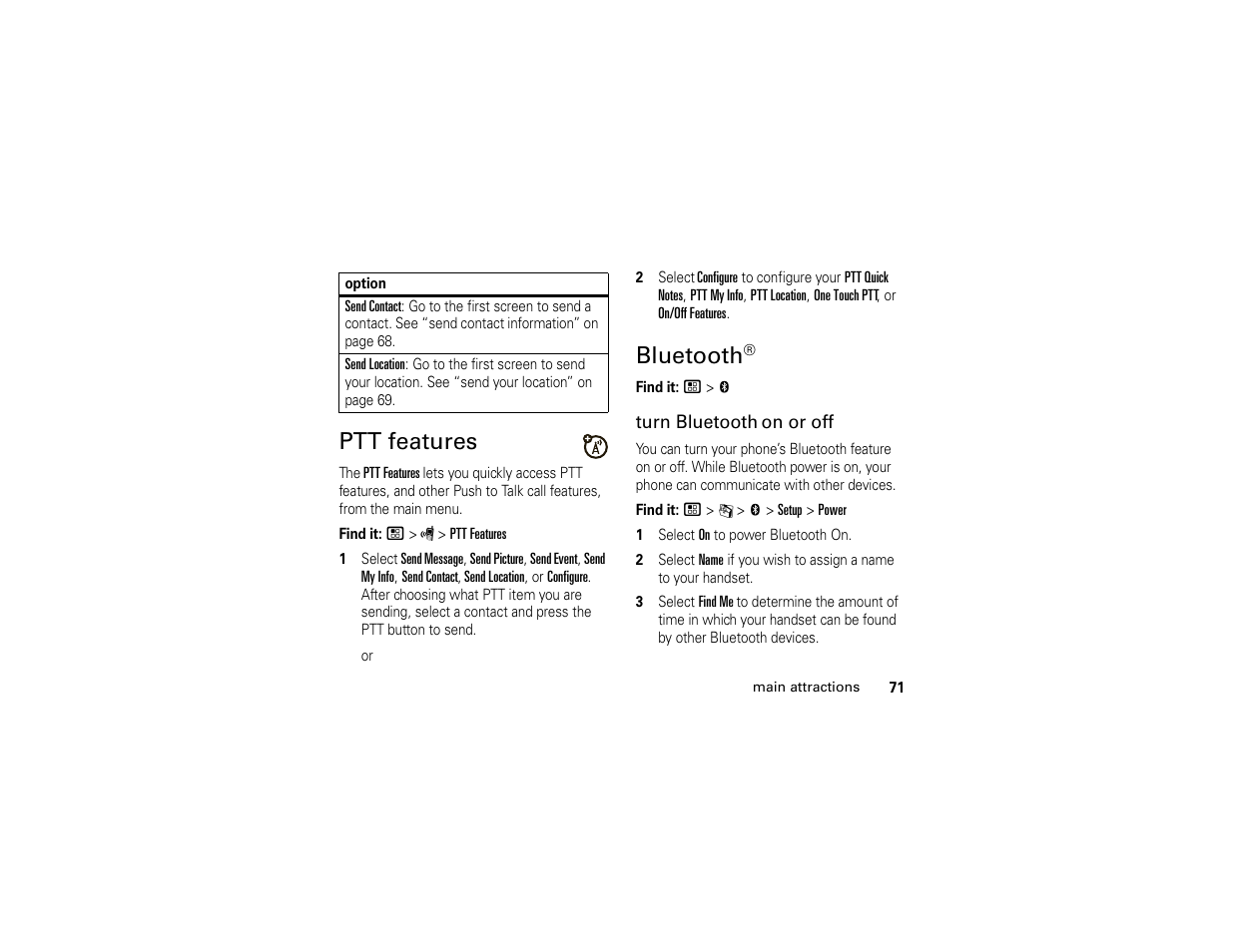 Ptt features, Bluetooth | Motorola BRUTE H85XAH6JR5AN User Manual | Page 75 / 124