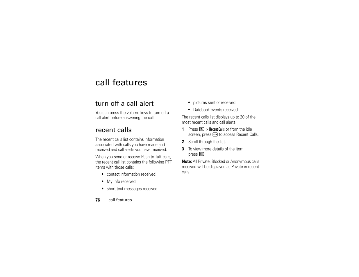 Call features, Turn off a call alert, Recent calls | Motorola BRUTE H85XAH6JR5AN User Manual | Page 80 / 124