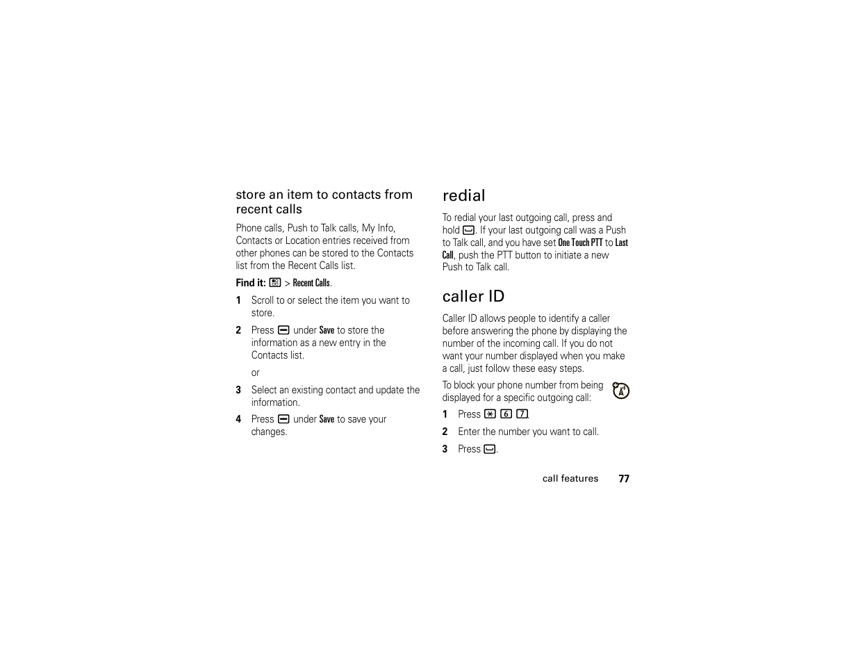 Redial, Caller id | Motorola BRUTE H85XAH6JR5AN User Manual | Page 81 / 124