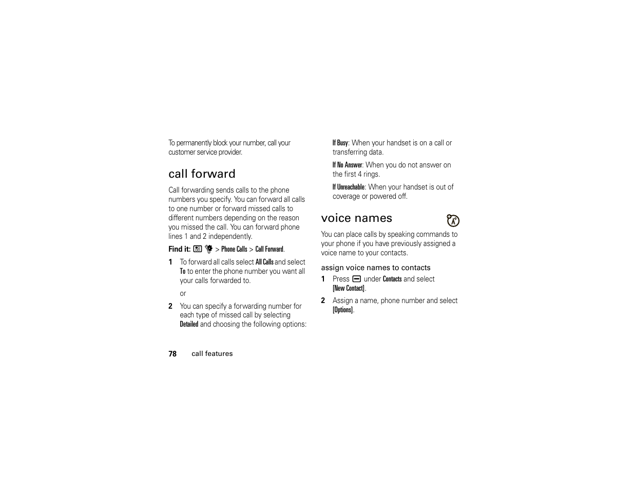 Call forward, Voice names | Motorola BRUTE H85XAH6JR5AN User Manual | Page 82 / 124