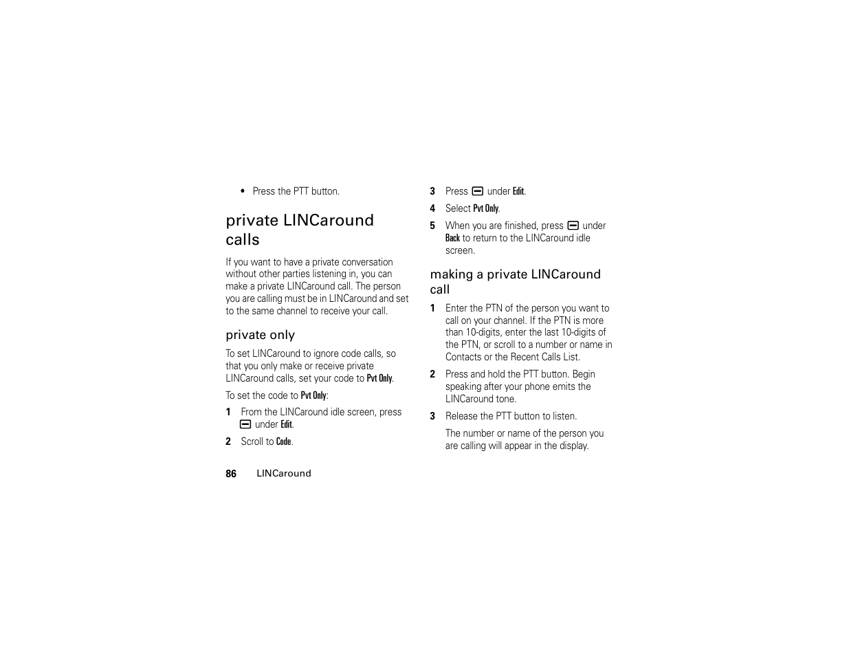 Private lincaround calls | Motorola BRUTE H85XAH6JR5AN User Manual | Page 90 / 124