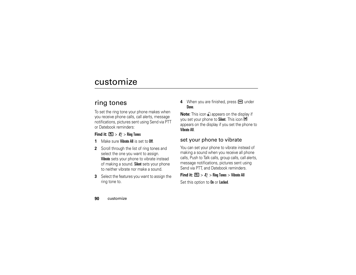 Customize, Ring tones | Motorola BRUTE H85XAH6JR5AN User Manual | Page 94 / 124