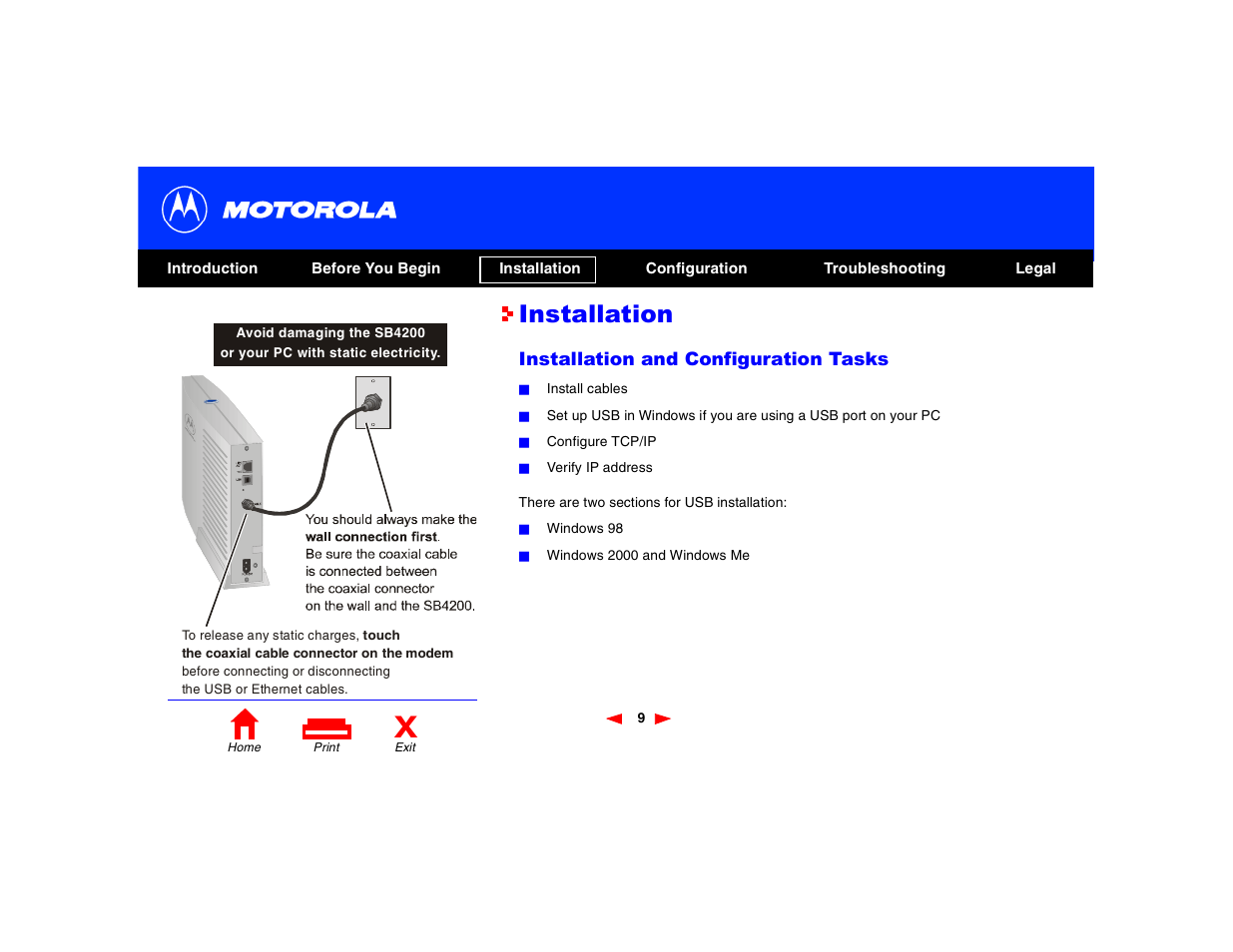 Installation and configuration, Installation and configuration tasks, Installation | Motorola SB4200 User Manual | Page 14 / 68