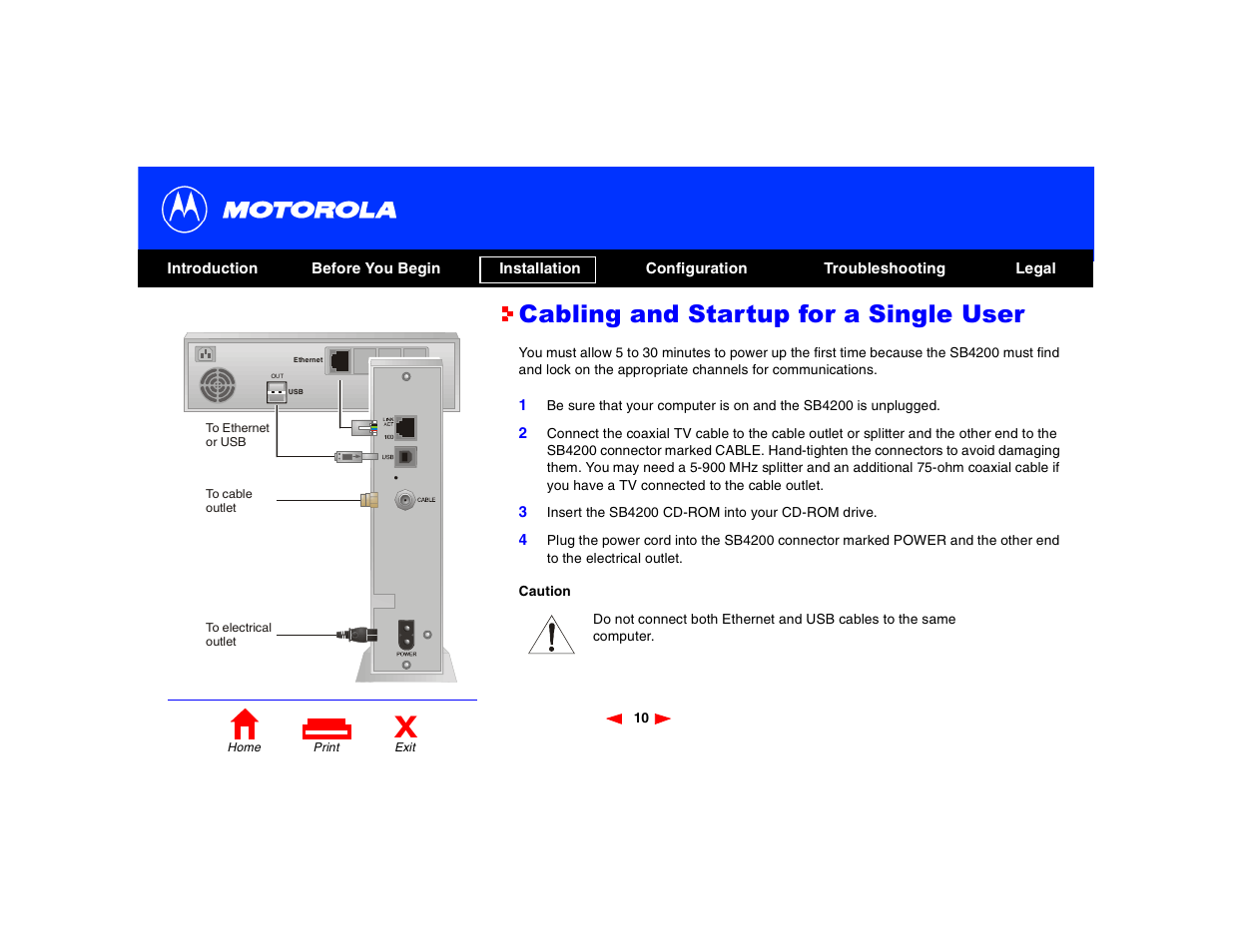 Cabling and startup for a single user | Motorola SB4200 User Manual | Page 15 / 68
