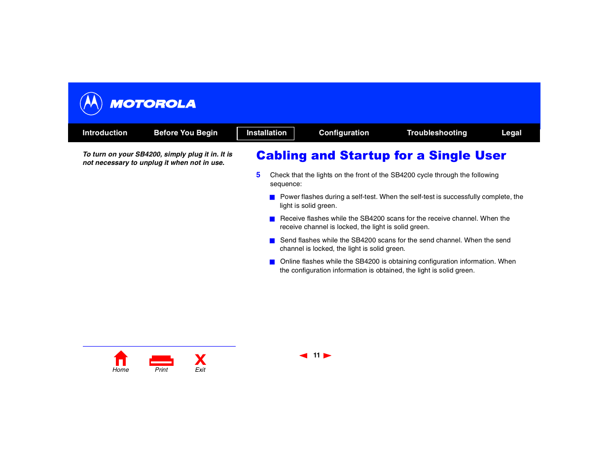 Cabling and startup for a single user | Motorola SB4200 User Manual | Page 16 / 68