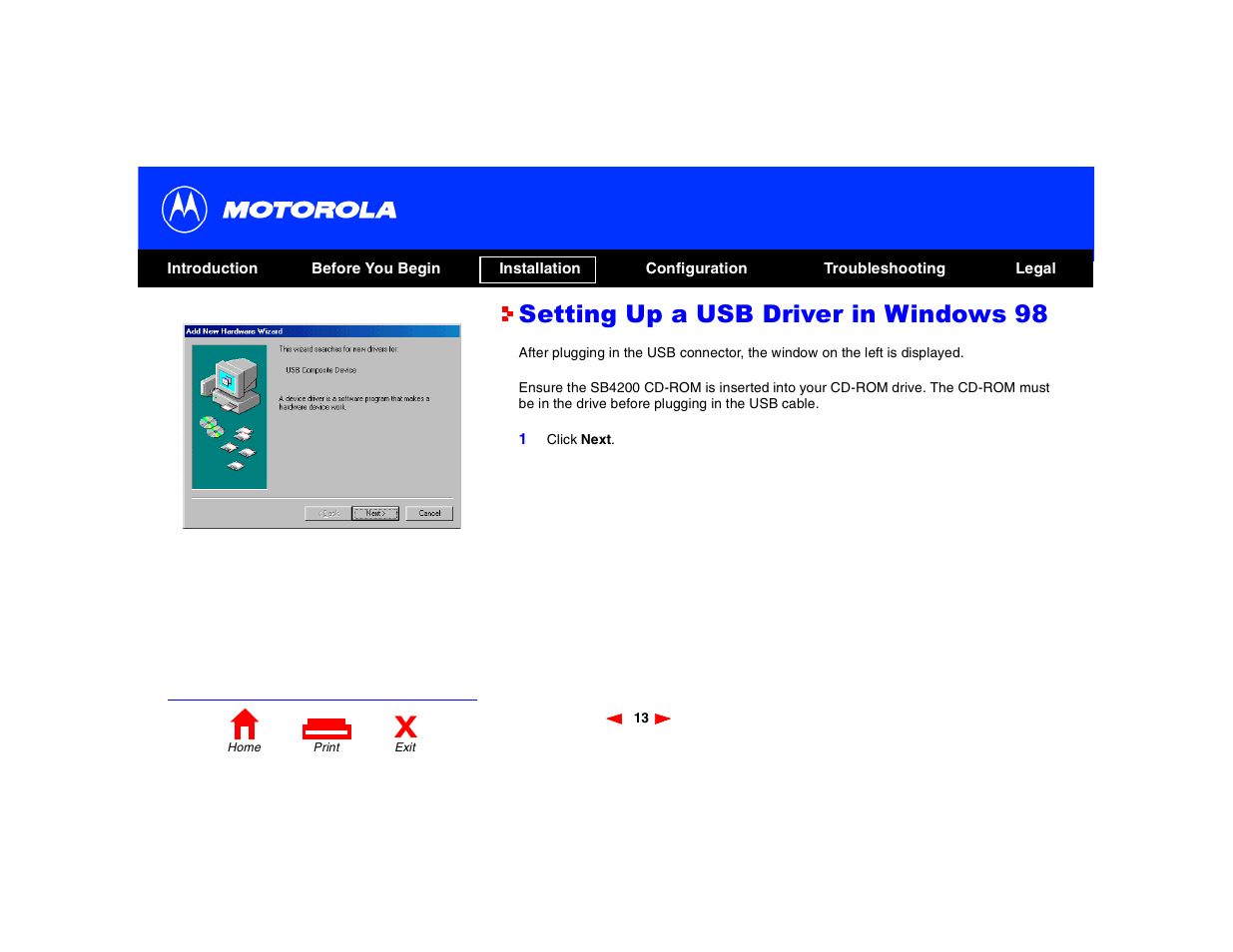 Setting up a usb driver in windows 98 | Motorola SB4200 User Manual | Page 18 / 68