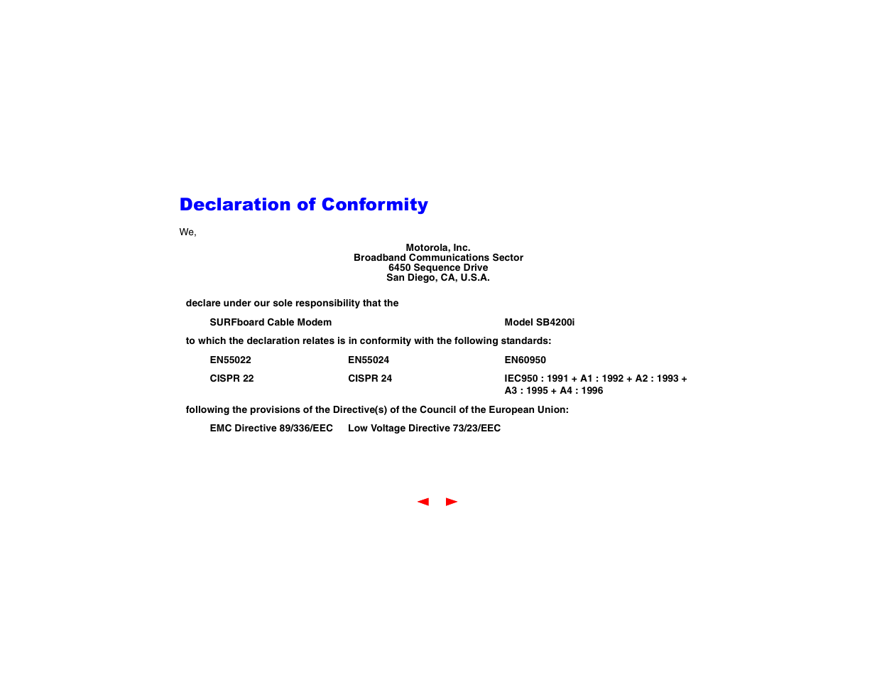 Declaration of conformity | Motorola SB4200 User Manual | Page 2 / 68