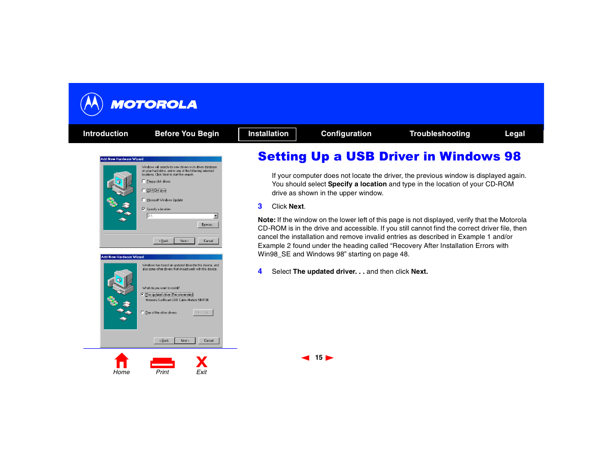 Setting up a usb driver in windows 98 | Motorola SB4200 User Manual | Page 20 / 68