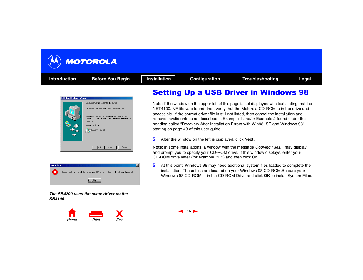 Setting up a usb driver in windows 98 | Motorola SB4200 User Manual | Page 21 / 68