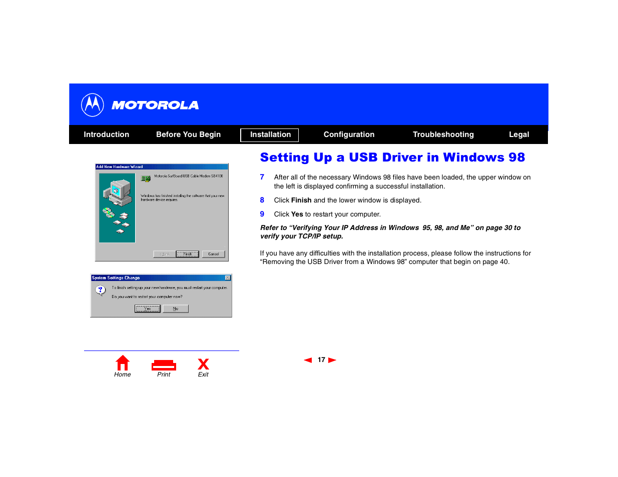 Setting up a usb driver in windows 98 | Motorola SB4200 User Manual | Page 22 / 68