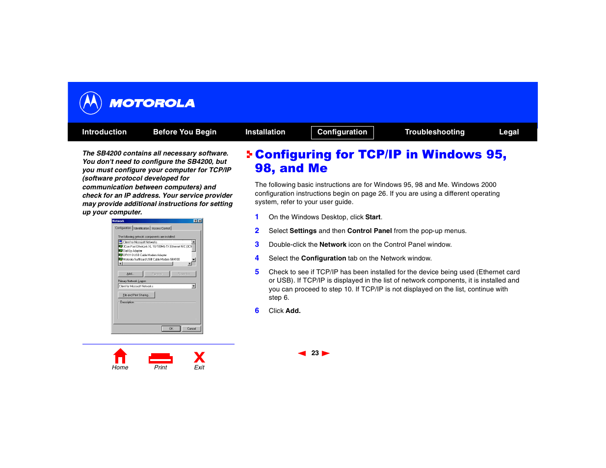 Configuring for tcp/ip in windows 95, 98, and me | Motorola SB4200 User Manual | Page 28 / 68