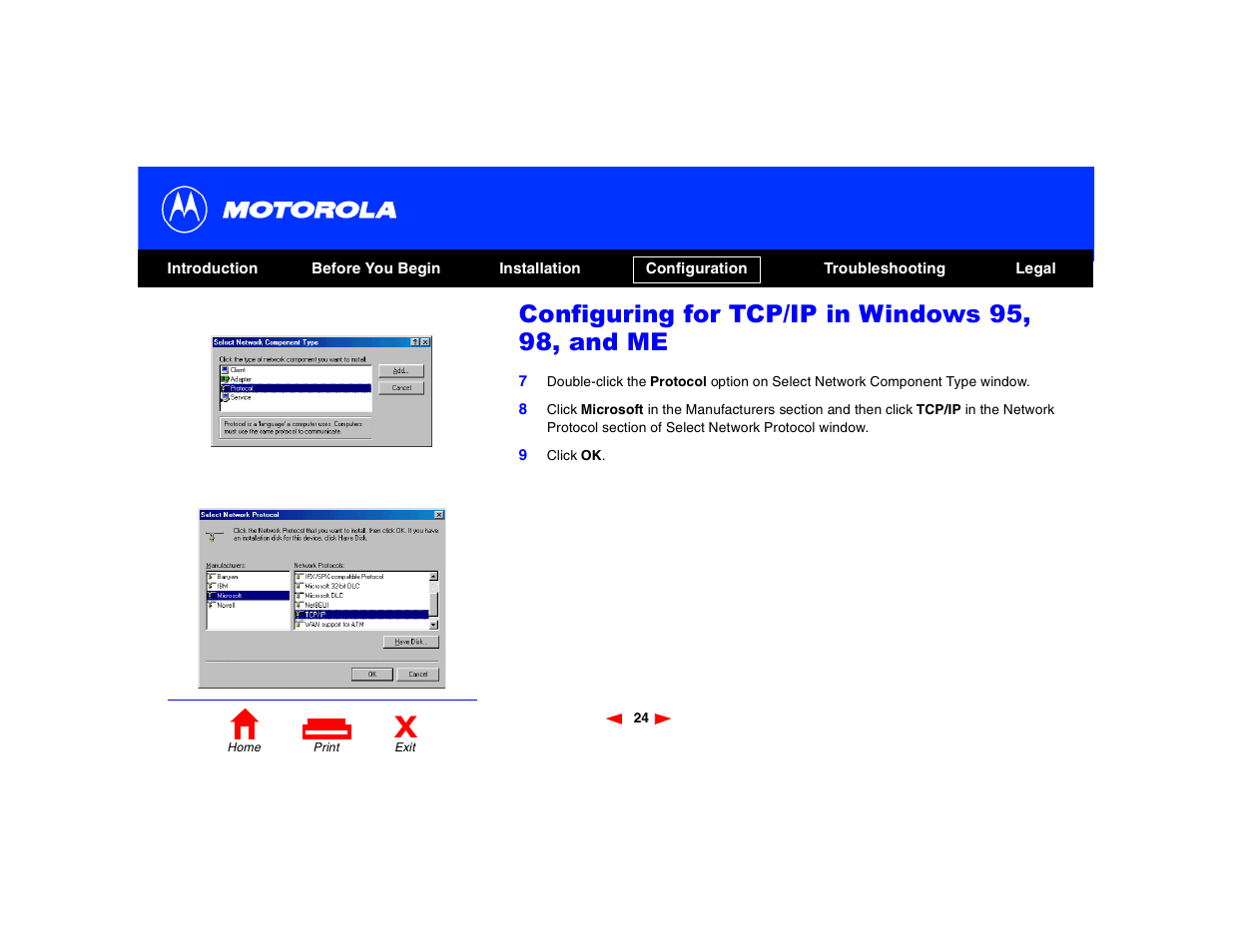 Configuring for tcp/ip in windows 95, 98, and me | Motorola SB4200 User Manual | Page 29 / 68