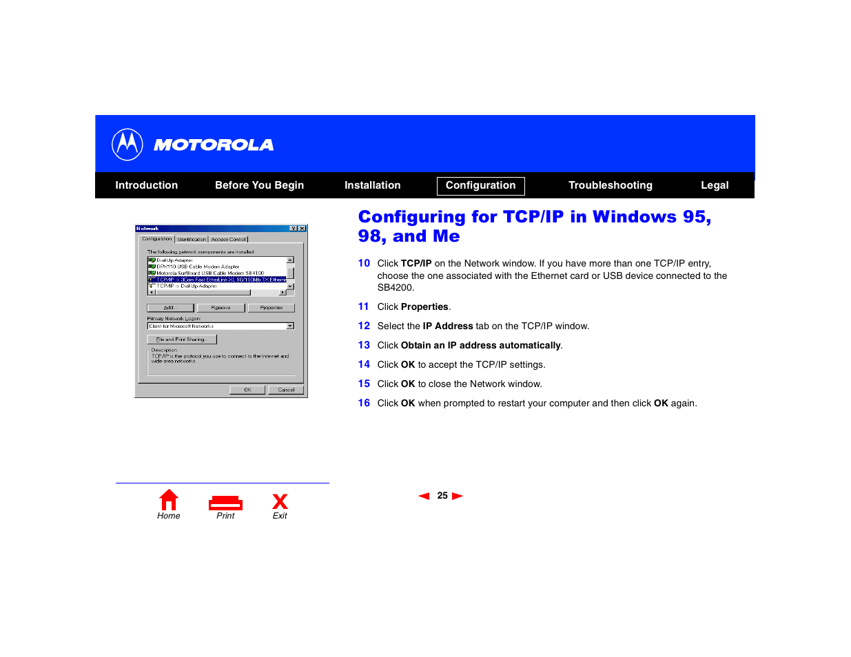 Configuring for tcp/ip in windows 95, 98, and me | Motorola SB4200 User Manual | Page 30 / 68