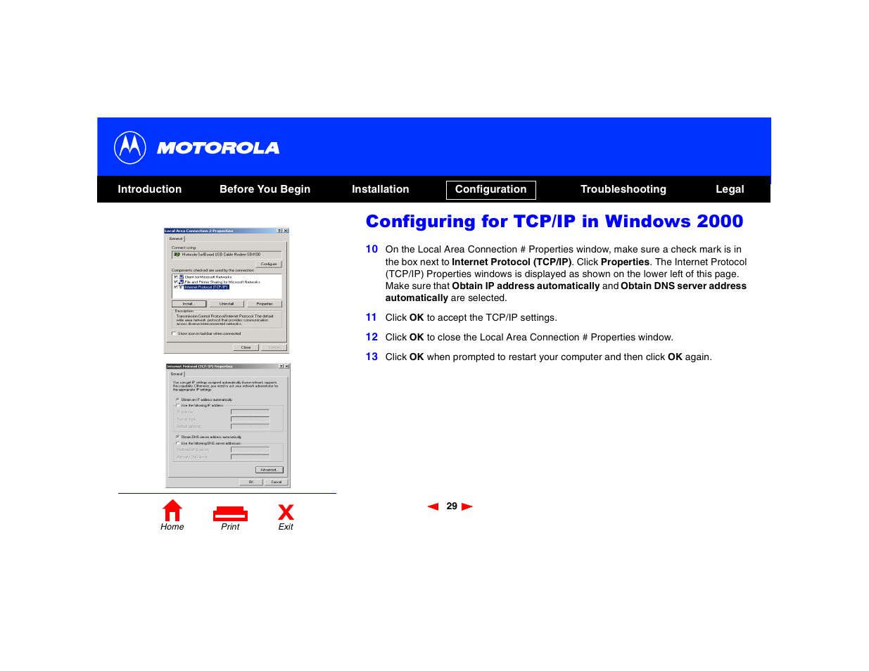 Configuring for tcp/ip in windows 2000 | Motorola SB4200 User Manual | Page 34 / 68