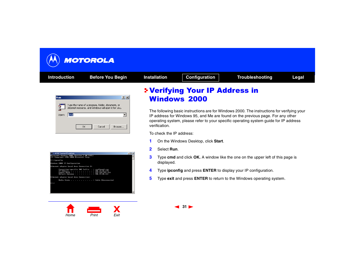Verifying your ip address in windows 2000 | Motorola SB4200 User Manual | Page 36 / 68