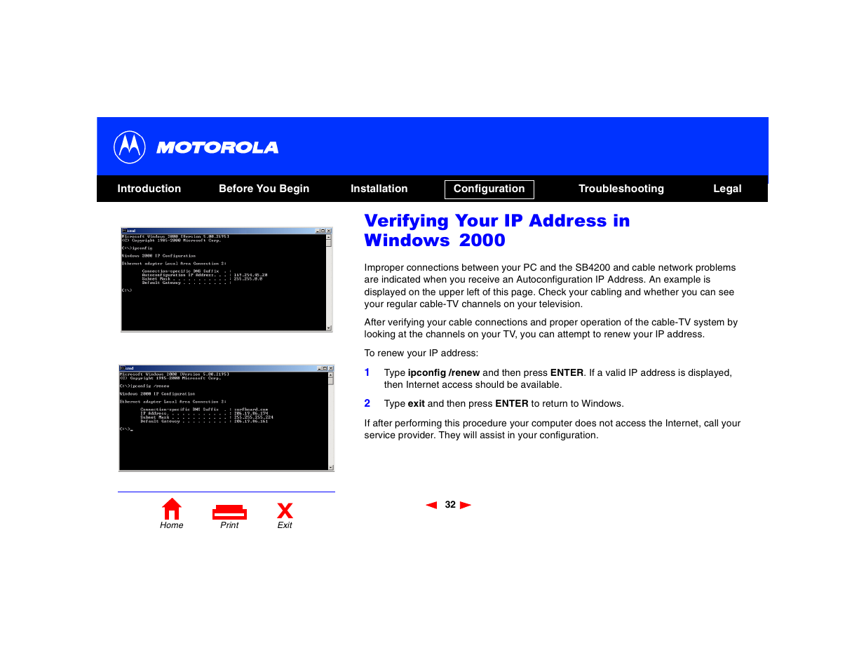 Verifying your ip address in windows 2000 | Motorola SB4200 User Manual | Page 37 / 68
