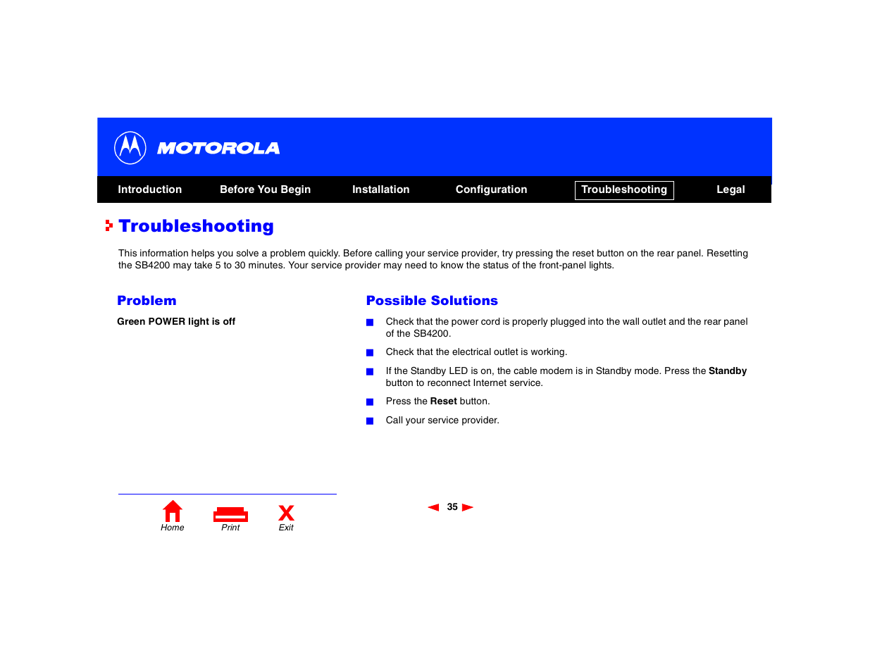 Troubleshooting | Motorola SB4200 User Manual | Page 40 / 68